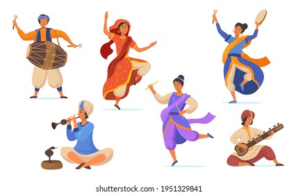 Stylish Indian street artists flat pictures for web design. Cartoon characters of musicians and dancers in traditional clothes isolated vector illustrations collection. Music and India concept