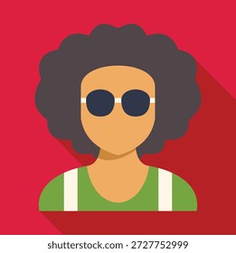 Stylish individual with large sunglasses and a voluminous afro hairstyle, set against a vibrant red backdrop 