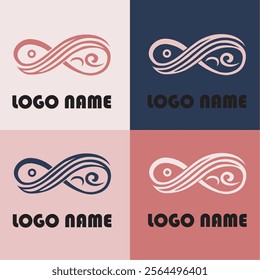 Stylish infinity logo design with elegant curves and minimalist swirls in a four-color variation grid. Featuring soft pastel and navy tones, ideal for branding, fashion, or creative industries.