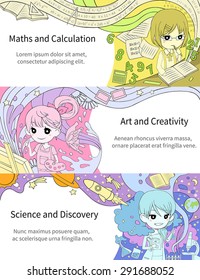 Stylish info graphic cartoon girl children studying maths and calculation, art and creativity, science and discovery, in artistic fantasy banner background template layout design, create by vector

