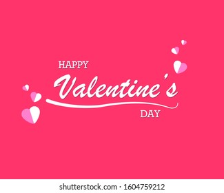 Stylish inscription. Happy Valentine's day. red background. Winter holidays. Happiness, love, fun, laughter, white letters. Valentine's Day.Pink-white hearts. Suitable for Valentine's Day holiday card