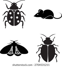 Um elegante conjunto de vetores de silhueta de insetos e ratos com besouros, traça, barata e ícones de roedores. Perfeito para projetos de logotipo, infográfico, educação, controle de pragas e design.