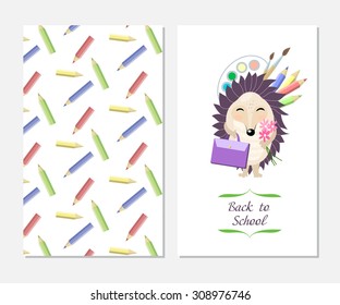 Stylish inspiration card in cute style with cartoon funny hedgehog. Template for print design.Back to school!