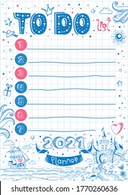 Stylish inspirational to do list card with castle, ship and funny typography on the background of sheet paper in vector. Cute organizer, daily or weekly planner,  schedule. Template for 2021 year