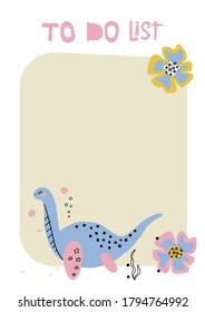 Elegante tarjeta inspiradora para hacer lista con dino oceánico y tipografía divertida de garabatos sobre el fondo de papel de hoja. Organizador, planificador diario o semanal, horario, diario. Ilustración vectorial plana