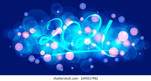 Stylish inspirational vector frame with blue festive lights. Holiday background. Christmas or New Year party organizer, headliner, banner, poster. Template for 2021 year. Horizontal composition