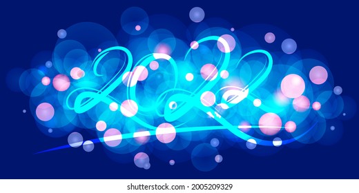 Stylish inspirational vector frame with blue festive lights. Holiday background. Christmas or New Year party organizer, headliner, banner, poster. Template for 2022 year. Horizontal composition