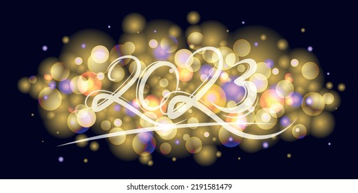 Stylish inspirational vector frame with golden festive lights. Holiday background. Christmas or New Year party organizer, headliner, banner, poster. Template for 2023 year. Horizontal composition