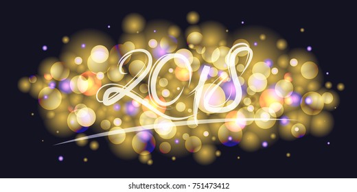 Stylish inspirational vector frame with golden festive lights. Holiday background. Christmas or New Year party organizer, headliner, banner, poster. Template for 2018 year. Horizontal composition