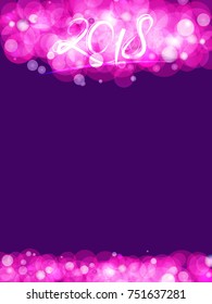 Stylish inspirational vector frame with purple festive lights. Holiday vertical background. Christmas or New Year party headliner, banner, poster, greeting card, cover. Template for 2018 year