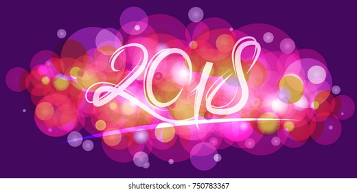 Stylish inspirational vector frame with violet festive lights. Holiday background. Christmas or New Year party organizer, headliner, banner, poster. Template for 2018 year. Horizontal composition