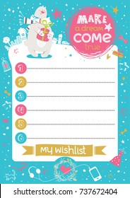 Stylish inspirational wish list card with polar bear, gifts, city, funny typography in vector. Cute holiday background. Empty place for notes and wishes. Hand drawn lettering "Make a dream come true"