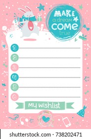 Stylish inspirational wish list card with cute bunny, gift, city, funny typography in vector. Lovely holiday background. Empty place for notes and wishes. Hand drawn lettering "Make a dream come true"