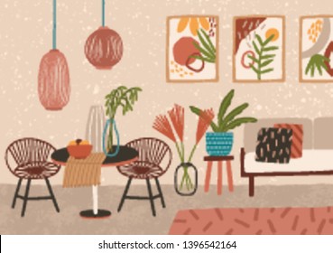 Stylish interior of cozy living room with sofa, chairs, table, pendant lights, home decorations. Comfortable apartment decorated in modern trendy Scandinavian hygge style. Flat vector illustration.