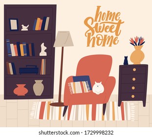 Stylish interior of cozy room vector flat illustration. Cartoon cat lying on comfy armchair with pillows surrounded by home decorations. Cosiness apartment in trendy Scandinavian hygge style