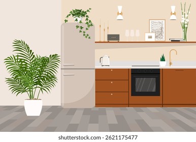 Stylish interior design of a kitchen with retro appliances, shelves with decor and plants.
