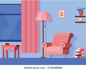 Stylish interior of living room full of modern furniture and home decorations - comfy armchairs, coffee table, shelving with books, houseplants, lamp, wall pictures. Colorful vector illustration. Flat