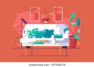 Stylish interior in living room vector illustration. White sofa with pillows, fresh potted plant, coffee table and lamp flat style. Fashion, design, trendy home concept. Isolated on red background