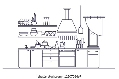 Stylish interior of modern kitchen furnished with electronic household appliances, cookware, cooking utensils and facilities, home decorations. Monochrome vector illustration in trendy line art style.