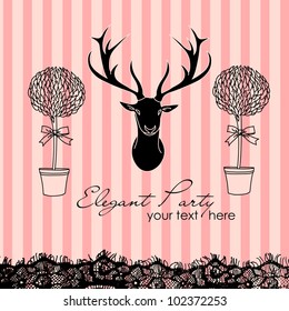 Stylish interior. Party invitation with a Mounted Deer Head