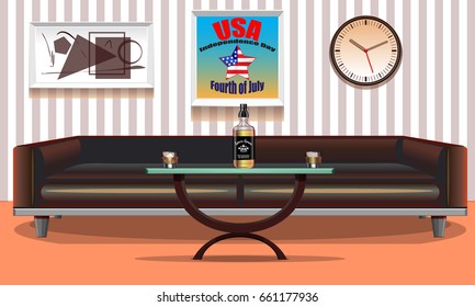 Stylish interior of the room. Art posters on the wall. 4th of July . Independence Day United States. National holiday . Vector illustration.