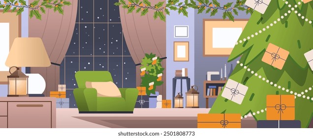 Stylish interior room decorated for Christmas holiday. Living room with green armchair, presents and Christmas tree. Flat vector illustration