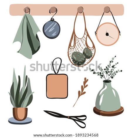 
Stylish interior Stay at home, kitchen illustration. Self-isolation and quarantine phrases for social networks, banners, internet, stickers, tags