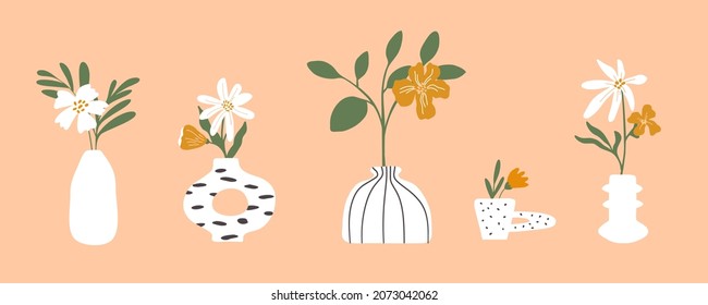 Stylish interior vase, pot, cup vector illustration. Set of different white ceramic art vases abstract form. Modern design jugs with flowers. Home decor in trendy style. Floral bouquet, flower, leaves