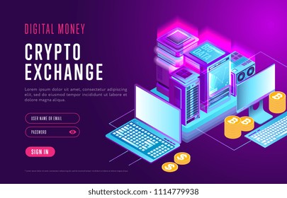 Stylish Internet webpage about digital money and authorization in service for cryptocurrency exchange