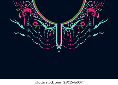 A stylish and intricate neckline pattern in pink, teal, and green with delicate decorative elements, ideal for garment embellishments and textile design.