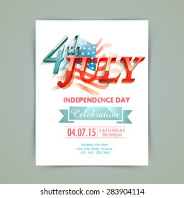 Stylish invitation card with 3D glossy text 4th of July on national flag for American Independence Day celebration.