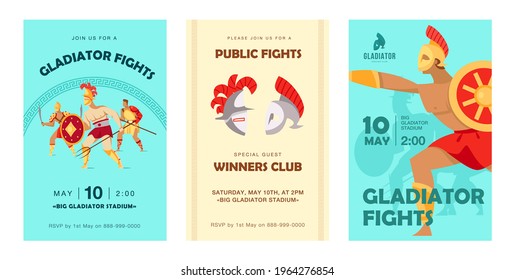 Stylish invitation designs with ancient Spartan warriors. Creative party invitations with Coliseum gladiators, helmets. Sports, fencing, gladiator, competition concept for leaflet, banner or flyer