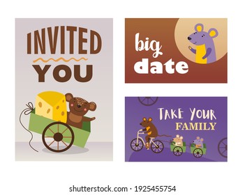 Stylish invitation designs with cheerful mice. Creative colorful birthday or holiday invitations with mouse greeting or cycling. Rodents and animals concept. Template for leaflet, banner or flyer