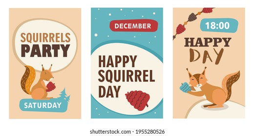 Stylish invitation designs with happy cartoon squirrel character. Party invitations with cute orange mammal holding nut. Wildlife, nature concept for invitation card or postcard