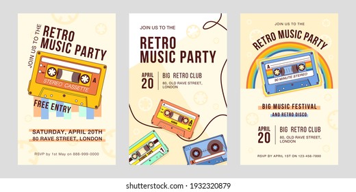 Diseños de invitación estilizados para la fiesta de música retro. Invitaciones festivas creativas con casetes de audio. El concepto de equipo de música y audio retro. Plantilla para folleto, pancarta o folleto