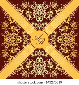 Stylish invitation with lace pattern on a red background with ribbons. Original card