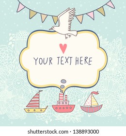 Stylish invitation on marine theme in vector. Boats and seagull in vintage style background in blue colors