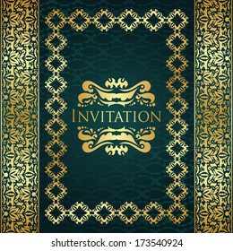 Stylish invitation on seamless background. Vintage decoration in gold   