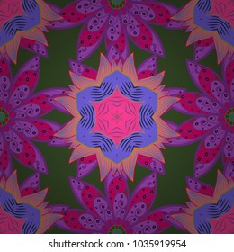 Stylish invitation for valentines day and greeting card concept. Scenic flower pattern on violet, green and pink colors. Top view, soft style. Floral composition, hand painted, delicate template.