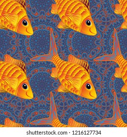 Stylish invitation for Valentines day, greeting card concept. Top view, soft style seamless pattern. Scenic fish pattern in orange, violet and yellow colors. Fish hand painted pattern, cute template.