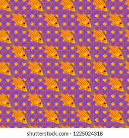 Stylish invitation for Valentines day and greeting card concept. Top view, soft style seamless pattern. Scenic fish pattern in violet and orange colors. Fish hand painted pattern, delicate template.