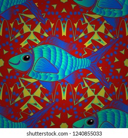 Stylish invitation for Valentines day, greeting card concept. Top view, soft style seamless pattern. Fish hand painted pattern, delicate template. Scenic fish pattern in blue, green and neutral colors