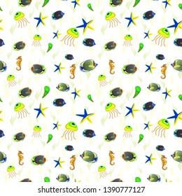 Stylish invitation for Valentines day, greeting card concept. Fish hand painted pattern, delicate template. Scenic fish pattern in green, white and yellow colors. Top view, soft style seamless pattern