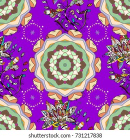 Stylish invitation for valentines day, greeting card concept. Scenic flower pattern on violet, neutral and beige colors. Top view, soft color style. Floral composition, hand painted, delicate template
