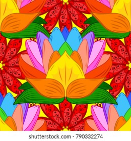 Stylish invitation for valentines day and greeting card concept. Floral composition, hand painted, delicate template. Scenic flower pattern on red, orange and green colors. Top view, soft style.
