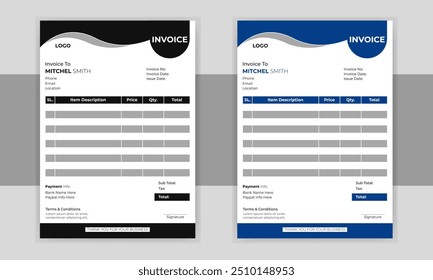 Stylish Invoice template design Invoicing quotes, money bills, price invoices, payment agreement design, business invoice