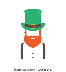 Stylish Irishman with ginger beard wearing hat. Happy St. Patrick's Day. Hipster emblem. Vector illustration.