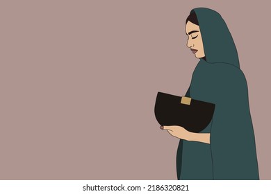 Modelo islámico elegante en hiyab y abaya. Mujer musulmana árabe de moda con hijab. Ilustración de una joven árabe emirati vestida con un traje tradicional. Tarjeta de saludo del Día de la Mujer de los Emiratos Árabes Unidos