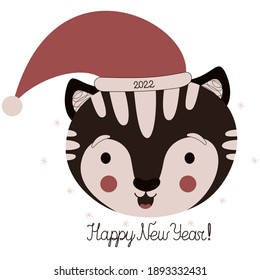 Stylish isolated childish illustration of the face of a cute happy black tiger wearing a Santa Claus hat in Scandinavian style and calligraphic quote "Happy New Year" on a white background. Vector.