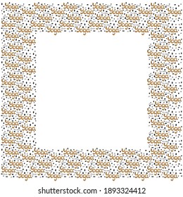 Stylish isolated square frame from cartoon lettering Yoga ocher color with black spotted ornament and black calligraphic quotes Namaste, Be in balance, OM on white background. Place for text. Vector.